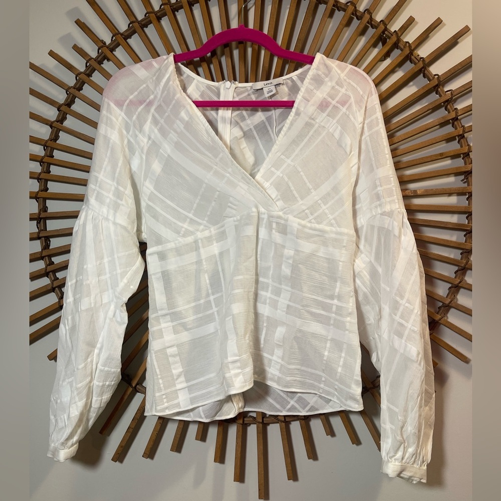 Lewitt Women’s Shadow Check White LS Puff Slv Surplice  White Plaid Blouse